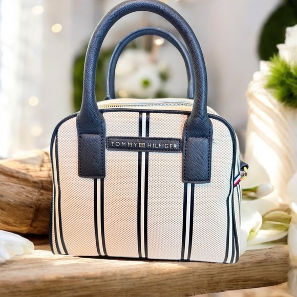 Tommy Hilfiger Navy & White Striped Mini Satchel Bag - Picture 1 of 15